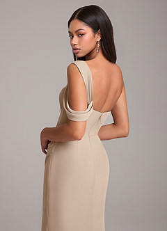 Azazie Wynter Bridesmaid Dresses Taupe Sheath Off the Shoulder Chiffon Dress image2