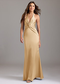 Azazie Valerie Bridesmaid Dresses Gold Mermaid Pleated Stretch Satin Dress image3