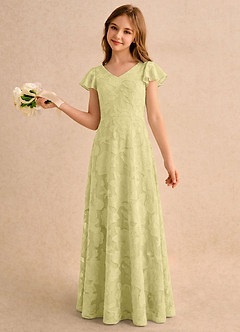 Azazie Narin Girls Formal Flower Girl Dresses Lemon Sorbet A-Line with Sleeves Floral Burnout Dress image1