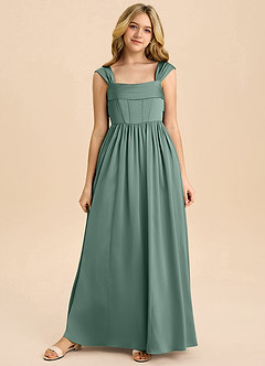 Azazie Hattie Junior Abito A-Line in Raso Elasticizzato Plissettato Eucalipto image8