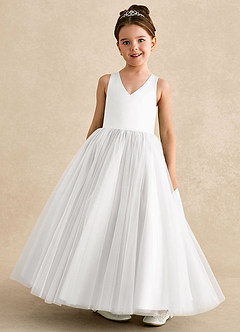 Azazie Peanut Robe Demoiselle D'honneur Fillette Robe Trapèze en Tulle Bretelle Blanc image4