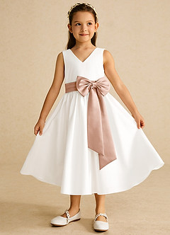 Azazie Darling Flower Girl Dresses Ivory Champagne Rose A-Line Bow Cotton Dress image2
