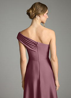 Azazie Melanie At-home Try On Dresses Amethyst A-Line Off the Shoulder Stretch Satin Dress image2
