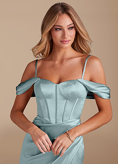 Azazie Asha Bridesmaid Dresses Mist Sheath Off the Shoulder Metallic Satin Dress image2