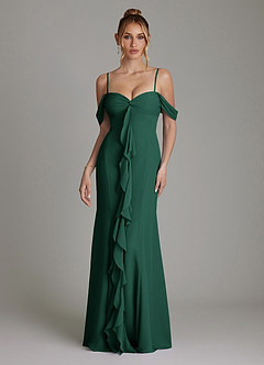 Azazie Karmela Bridesmaid Dresses Emerald A-Line Off the Shoulder Chiffon Dress image4