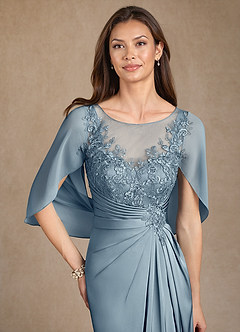Azazie Hera Mother of the Bride Dresses Dusty Blue A-Line Lace Stretch Satin Dress image5