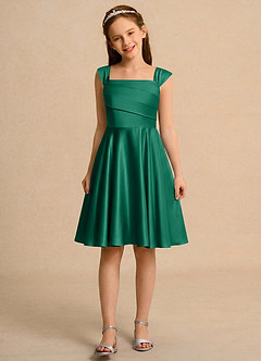 Azazie Budle Girls Formal Flower Girl Dresses Emerald A-Line Pleated Matte Satin Dress image4