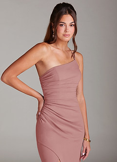 Azazie Eren Robes de demoiselle d'honneur Robe Fourreau en Crêpe Élastique Ue épaule Rose Poussiéreuse image6