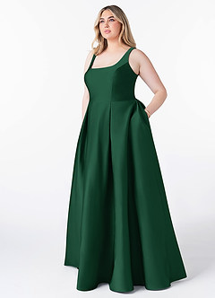 Azazie Neve Vestidos de damas de honor Vestido de Verde Oscuro de Satén Elástico de Corte Princesa con Con bolsillos image7