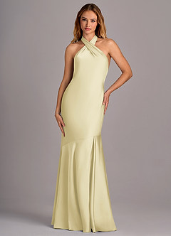 Azazie Lorena Bridesmaid Dresses Lemon Sorbet Mermaid Pleated Stretch Satin Dress image4