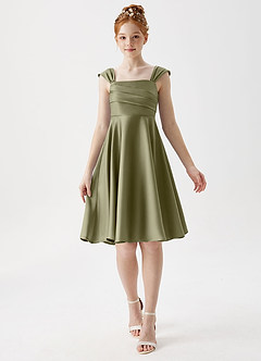Azazie Amira Junior Pistachio A-Line Pleated Stretch Satin Dress image1