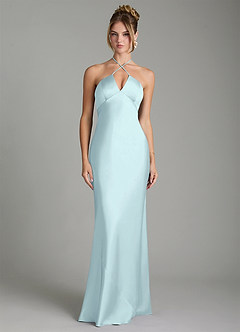 Azazie Camille Bridesmaid Dresses Sea Glass Sheath Side Slit Stretch Satin Dress image1