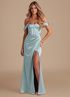 Azazie Asha Bridesmaid Dresses Mist Sheath Off the Shoulder Metallic Satin Dress image1