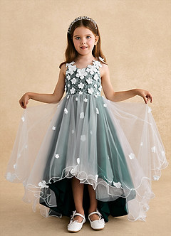 Azazie Celia Flower Girl Dresses Pine A-Line Lace Tulle Dress image4