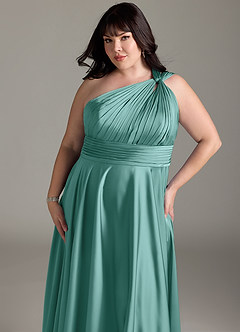 Azazie Charlize Bridesmaid Dresses Aqua A-Line One Shoulder Stretch Satin Dress image6