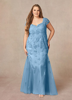 Azazie Marbella vestidos de madre de la novia Vestido de Azul Acero de Encaje de Corte Sirena con Reina Ana Lentejuelas image8