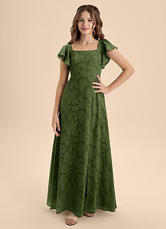 Azazie Bondi Junior Olive A-Line Bow Floral Burnout Dress image4