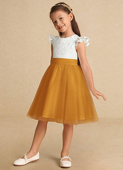 Azazie Vetty Flower Girl Dresses Ivory Butterscotch A-Line Lace Tulle Dress image3