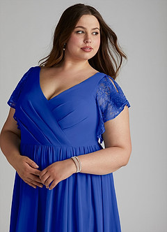 Azazie Zella Robes de demoiselle d'honneur Robe Trapèze en Mousseline de soie Dentelle Bleu Roi image12