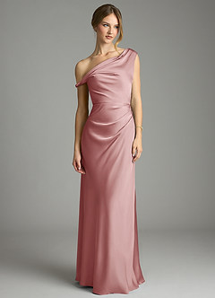 Azazie Emerson Vestidos de madrinha de casamento Vestido Rosa Empoeirada de Cetim elástico de sereia com Ombros Caídos image4