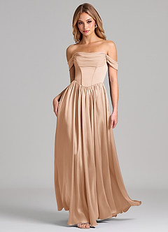 Azazie Raisa Bridesmaid Dresses English Rose A-Line Off the Shoulder Stretch Satin Dress image3