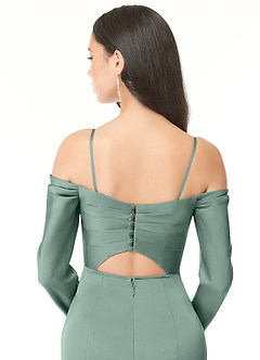 Azazie Hallie Vestidos de damas de honor Vestido de Eucalipto de Satén Elástico de Corte Recto Convertible con Manga larga con hombros descubiertos image8