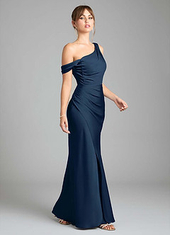 Azazie Madelyn Bridesmaid Dresses Dark Navy Mermaid One Shoulder Stretch Satin Convertible Dress image5