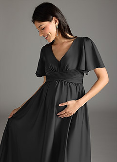 Azazie Verna At-home Try On Dresses A-Line Ruched Stretch Satin Floor-Length Dress image1