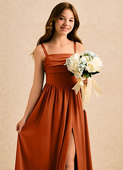 Azazie Maisie Girls Formal Flower Girl Dresses Burnt Orange A-Line Ruched Stretch Satin Dress image5