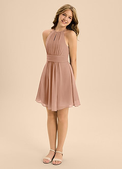 Azazie Bonnie Junior A-Linie Plissee Chiffon Kleid Champagner Rosa image4