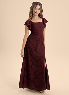 Azazie Bondi Junior Cabernet A-Line Bow Floral Burnout Dress image6