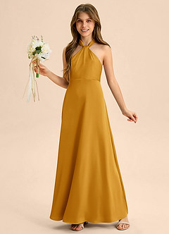 Azazie Beah Junior Robe Trapèze en Satin extensible Plissée Caramel écossais image3