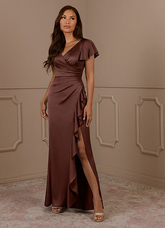 Azazie Roya Mother of the Bride Dresses Espresso Mermaid V-Neck Pleated Stretch Satin Dress image1