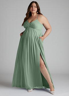 Azazie Annabelle At-home Try On Dresses A-Line V-Neck Pleated Mesh Floor-Length Dress image9
