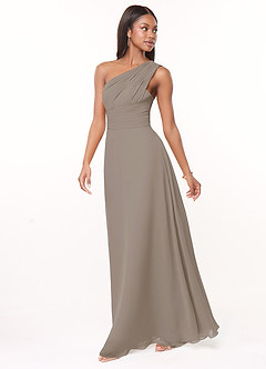 Azazie Ashley At-home Try On Dresses Taupe A-Line Ruched Chiffon Dress image4