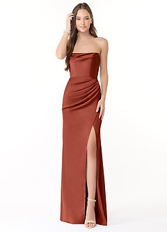 Azazie Leonis Bridesmaid Dresses Terracotta Mermaid Pleated Stretch Satin Convertible Dress image2