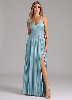 Azazie Vini Robes de demoiselle d'honneur Robe Trapèze en Satin extensible Plissée Bleu Maussade image4