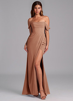 Azazie Johana Jurken voor bruidsmeisjes Converteerbaar Jurk van Chiffon met Zeemeermin Off the Shoulder Bronzeertint image3