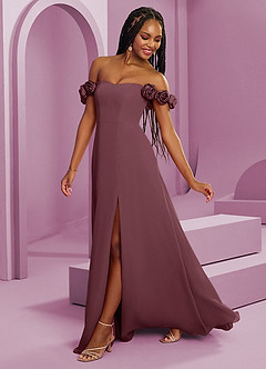 Barbie ♥ Azazie Suknie dla druhen Rozkloszowana szyfonowa sukienka z odkrytymi ramionami i kwiatowymi rozetkami image7