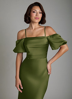 Azazie Lea Bridesmaid Dresses Bright Olive Mermaid Off the Shoulder Stretch Satin Convertible Dress image3