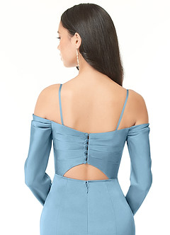 Azazie Hallie Vestidos de damas de honor Vestido de Azul Acero de Satén Elástico de Corte Recto Convertible con Manga larga con hombros descubiertos image8