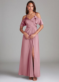 Azazie Dakota Bridesmaid Dresses Vintage Mauve A-Line Off the Shoulder Stretch Satin Dress image3