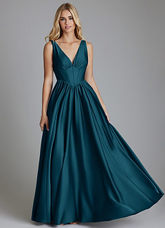 Azazie Delmie Bridesmaid Dresses Ink Blue A-Line Corset Stretch Satin Dress image1