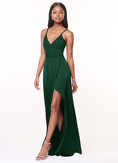 Azazie Maksim Bridesmaid Dresses Dark Green A-Line V-Neck Stretch Satin Dress image4
