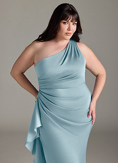 Azazie Latrice Bridesmaid Dresses Moody Blue Sheath One Shoulder Cascading Ruffles Stretch Satin Dress image10