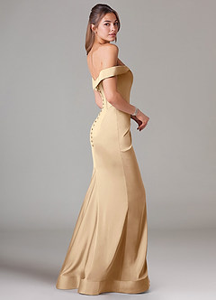Azazie Everly Bridesmaid Dresses Champagne Mermaid Off the Shoulder Stretch Satin Convertible Dress image4