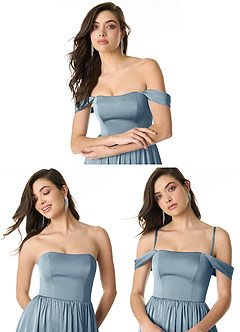 Azazie Morana Jurken voor bruidsmeisjes Converteerbaar Jurk van Stretch Satijn met A-Lijn Off the Shoulder Stoffig Blauw image10