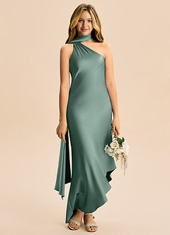 Azazie Briony Junior Eucalyptus Sheath Pleated Stretch Satin Dress image5