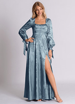 Azazie Leonia 신부 들러리 드레스 A라인 긴팔 자카드 바닥 길이 드레스 image6