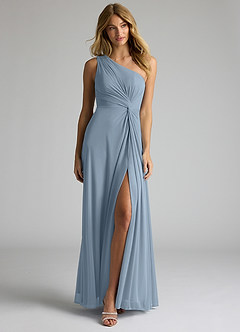 Azazie Brooke Bridesmaid Dresses Dusty Blue A-Line One Shoulder Mesh Dress image4